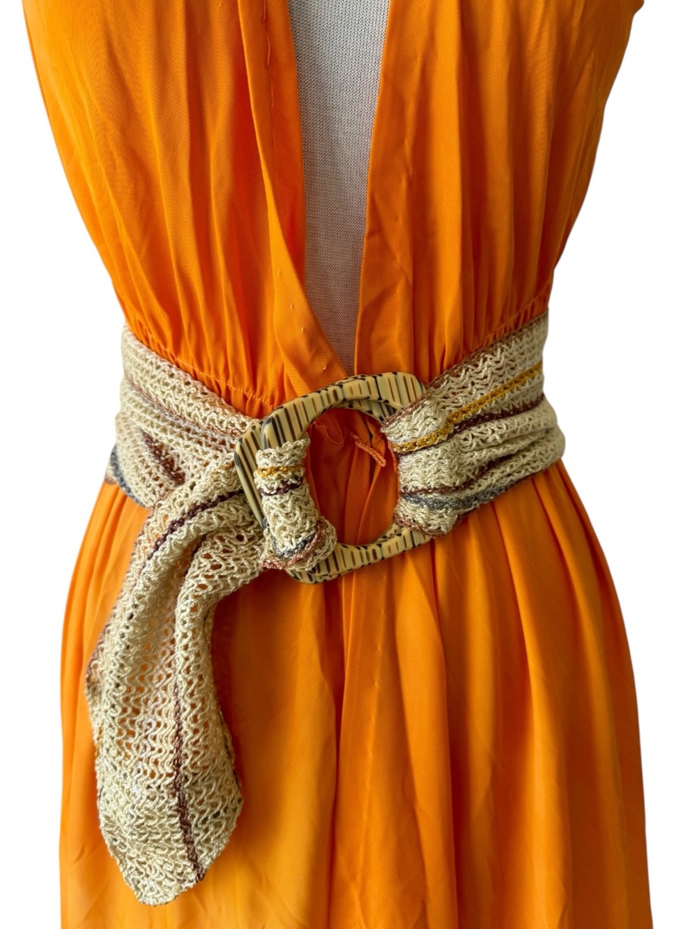 Vtg 70s Tan Stripe Crochet Wide Belt Sz M/L Boho Handmade